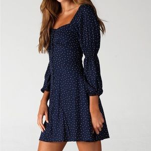 Long Sleeve button front Floral and dot print short dress